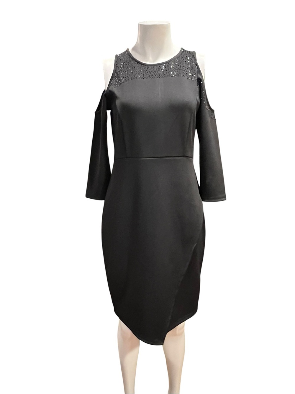 Spense Black Cold-Shoulder Midi Dress with Embellished Yoke